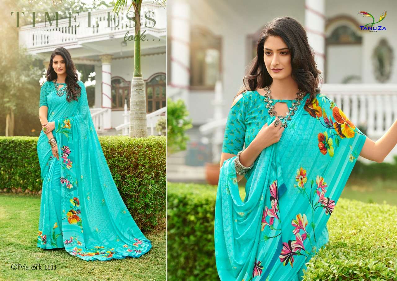OLIVIA SILK BY TANUZA FASHION 1110 TO 1120 SERIES INDIAN TRADITIONAL WEAR COLLECTION BEAUTIFUL STYLISH FANCY COLORFUL PARTY WEAR & OCCASIONAL WEAR SILK CREPE DIGITAL PRINT SAREES AT WHOLESALE PRICE