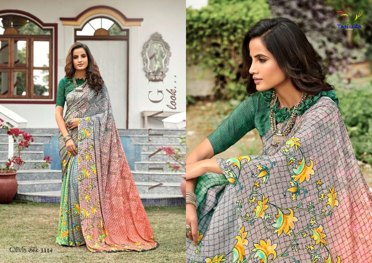 OLIVIA SILK BY TANUZA FASHION 1110 TO 1120 SERIES INDIAN TRADITIONAL WEAR COLLECTION BEAUTIFUL STYLISH FANCY COLORFUL PARTY WEAR & OCCASIONAL WEAR SILK CREPE DIGITAL PRINT SAREES AT WHOLESALE PRICE