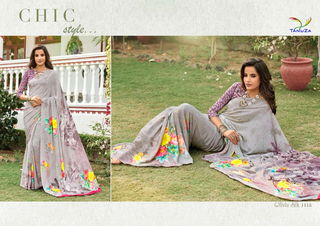 OLIVIA SILK BY TANUZA FASHION 1110 TO 1120 SERIES INDIAN TRADITIONAL WEAR COLLECTION BEAUTIFUL STYLISH FANCY COLORFUL PARTY WEAR & OCCASIONAL WEAR SILK CREPE DIGITAL PRINT SAREES AT WHOLESALE PRICE
