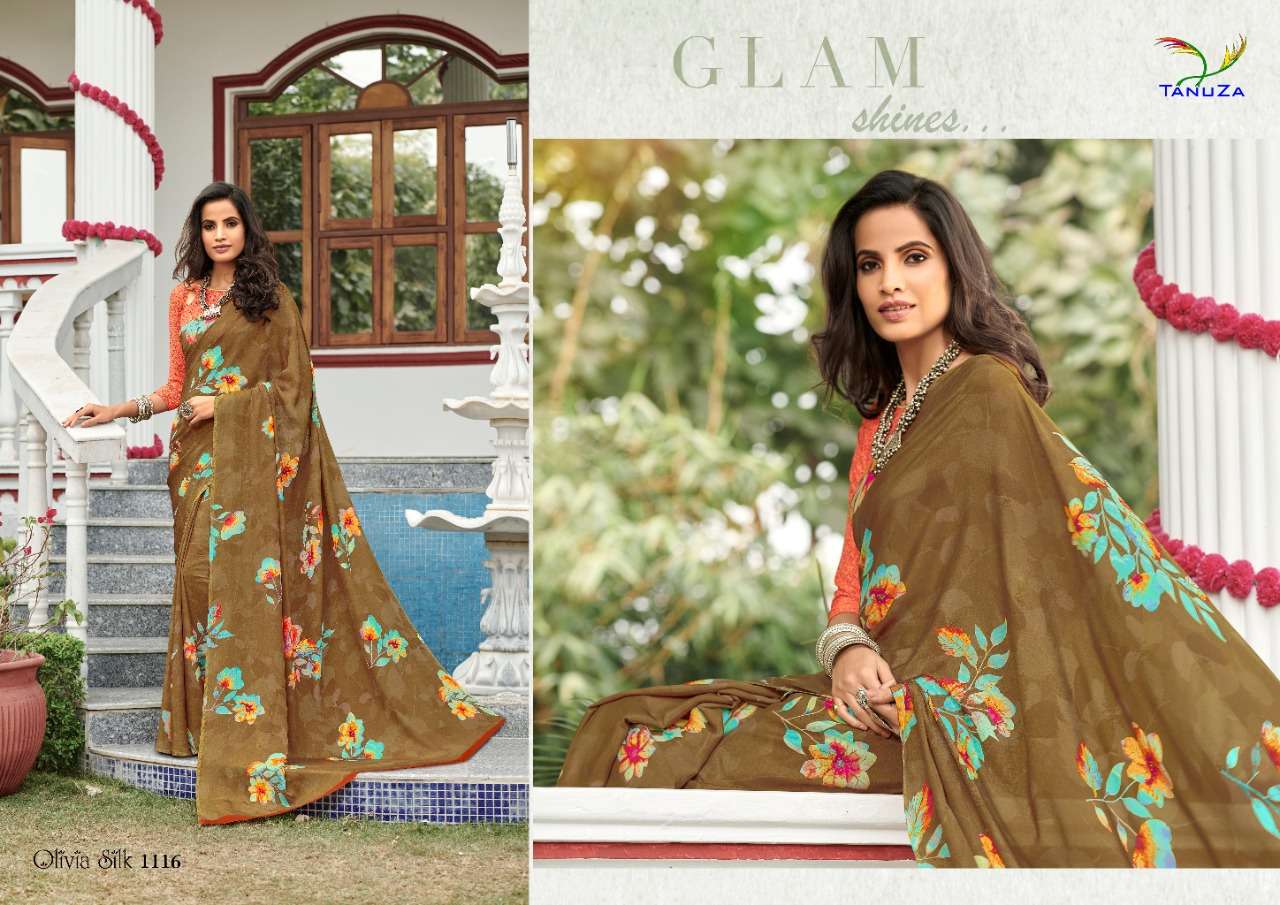 OLIVIA SILK BY TANUZA FASHION 1110 TO 1120 SERIES INDIAN TRADITIONAL WEAR COLLECTION BEAUTIFUL STYLISH FANCY COLORFUL PARTY WEAR & OCCASIONAL WEAR SILK CREPE DIGITAL PRINT SAREES AT WHOLESALE PRICE