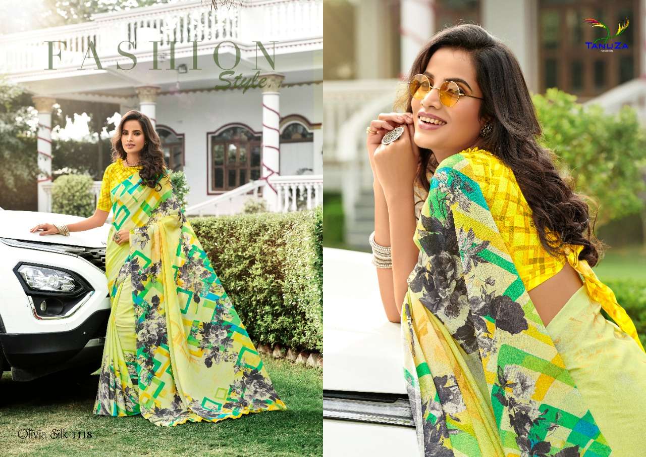 OLIVIA SILK BY TANUZA FASHION 1110 TO 1120 SERIES INDIAN TRADITIONAL WEAR COLLECTION BEAUTIFUL STYLISH FANCY COLORFUL PARTY WEAR & OCCASIONAL WEAR SILK CREPE DIGITAL PRINT SAREES AT WHOLESALE PRICE