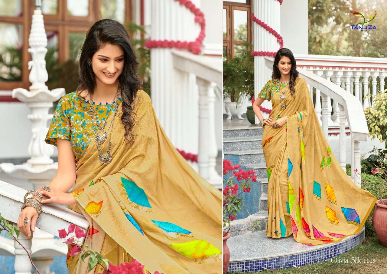 OLIVIA SILK BY TANUZA FASHION 1110 TO 1120 SERIES INDIAN TRADITIONAL WEAR COLLECTION BEAUTIFUL STYLISH FANCY COLORFUL PARTY WEAR & OCCASIONAL WEAR SILK CREPE DIGITAL PRINT SAREES AT WHOLESALE PRICE