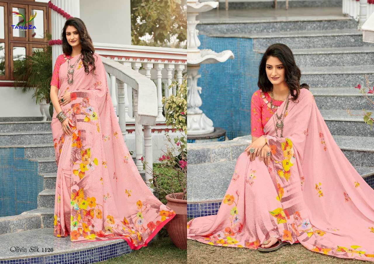 OLIVIA SILK BY TANUZA FASHION 1110 TO 1120 SERIES INDIAN TRADITIONAL WEAR COLLECTION BEAUTIFUL STYLISH FANCY COLORFUL PARTY WEAR & OCCASIONAL WEAR SILK CREPE DIGITAL PRINT SAREES AT WHOLESALE PRICE