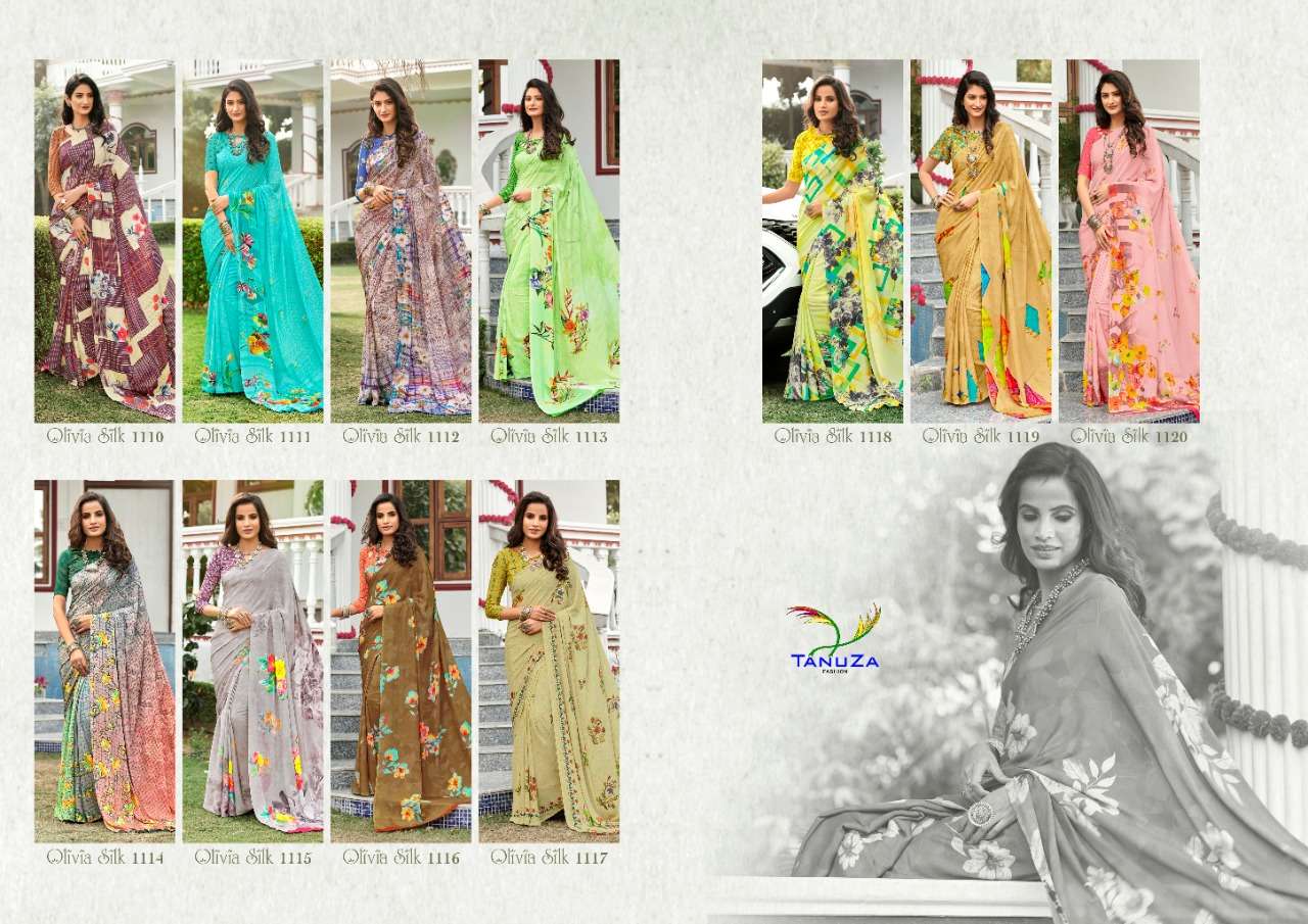 OLIVIA SILK BY TANUZA FASHION 1110 TO 1120 SERIES INDIAN TRADITIONAL WEAR COLLECTION BEAUTIFUL STYLISH FANCY COLORFUL PARTY WEAR & OCCASIONAL WEAR SILK CREPE DIGITAL PRINT SAREES AT WHOLESALE PRICE