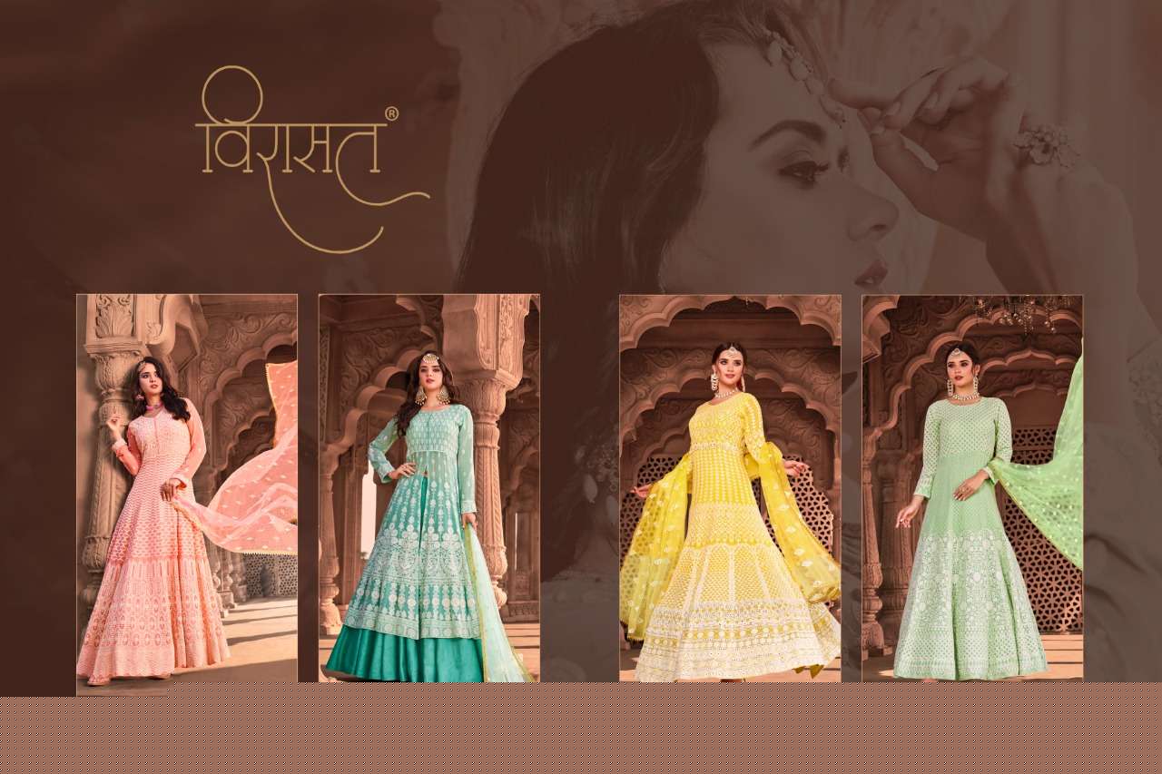 LUCKNOWI BY VIRASAT 1053 TO 1056 SERIES DESIGNER ANARKALI SUITS COLLECTION BEAUTIFUL STYLISH FANCY COLORFUL PARTY WEAR & OCCASIONAL WEAR PURE VISCOSE GEORGETTE DRESSES AT WHOLESALE PRICE