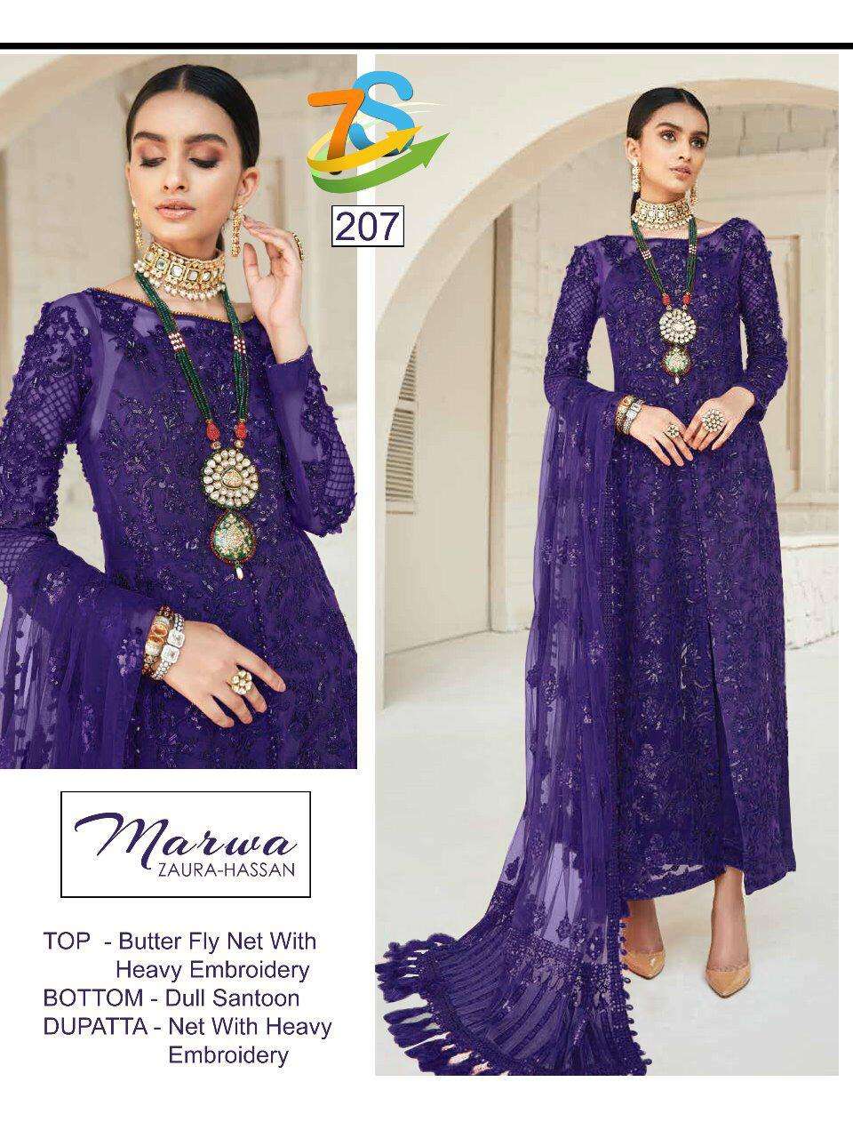 MARWA BY ZAURA HASSAN 207 TO 212 SERIES BEAUTIFUL COLORFUL STYLISH FANCY CASUAL WEAR & ETHNIC WEAR & READY TO WEAR BUTTERFLY NET WITH EMBROIDERY DRESSES AT WHOLESALE PRICE