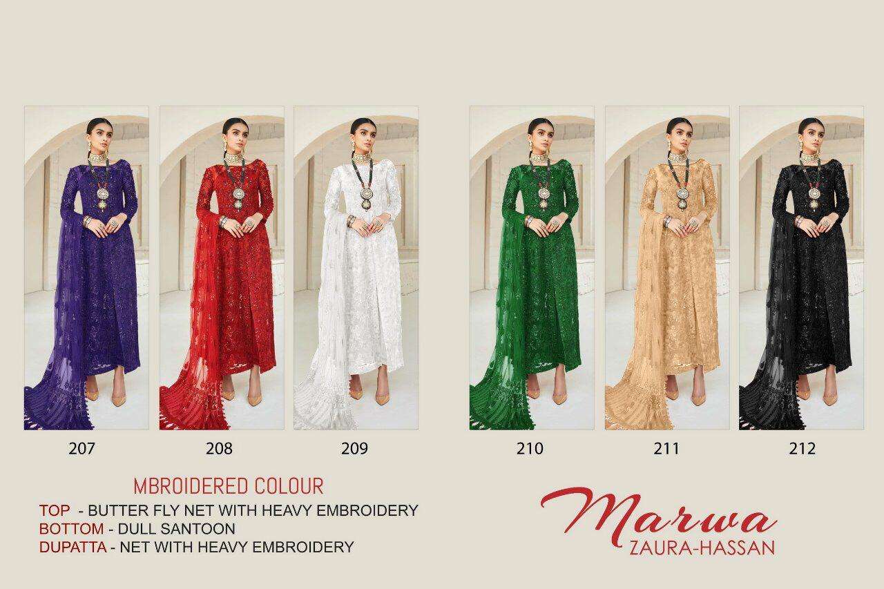 MARWA BY ZAURA HASSAN 207 TO 212 SERIES BEAUTIFUL COLORFUL STYLISH FANCY CASUAL WEAR & ETHNIC WEAR & READY TO WEAR BUTTERFLY NET WITH EMBROIDERY DRESSES AT WHOLESALE PRICE