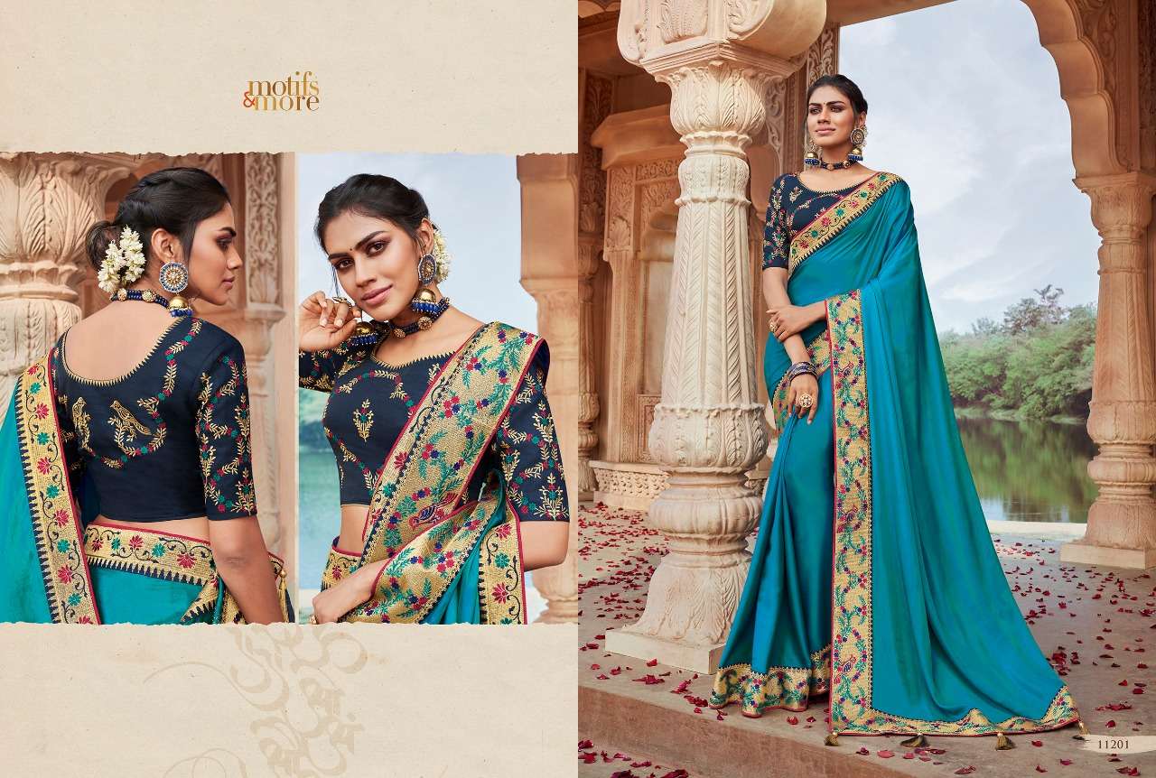 M AND M VOL-11 BY MOTIFS AND MORE 11201 TO 11216 SERIES INDIAN TRADITIONAL WEAR COLLECTION BEAUTIFUL STYLISH FANCY COLORFUL PARTY WEAR & OCCASIONAL WEAR FANCY EMBROIDERED SAREES AT WHOLESALE PRICE