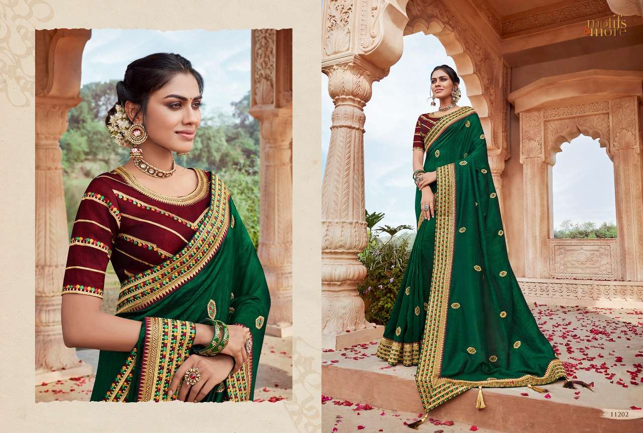 M AND M VOL-11 BY MOTIFS AND MORE 11201 TO 11216 SERIES INDIAN TRADITIONAL WEAR COLLECTION BEAUTIFUL STYLISH FANCY COLORFUL PARTY WEAR & OCCASIONAL WEAR FANCY EMBROIDERED SAREES AT WHOLESALE PRICE