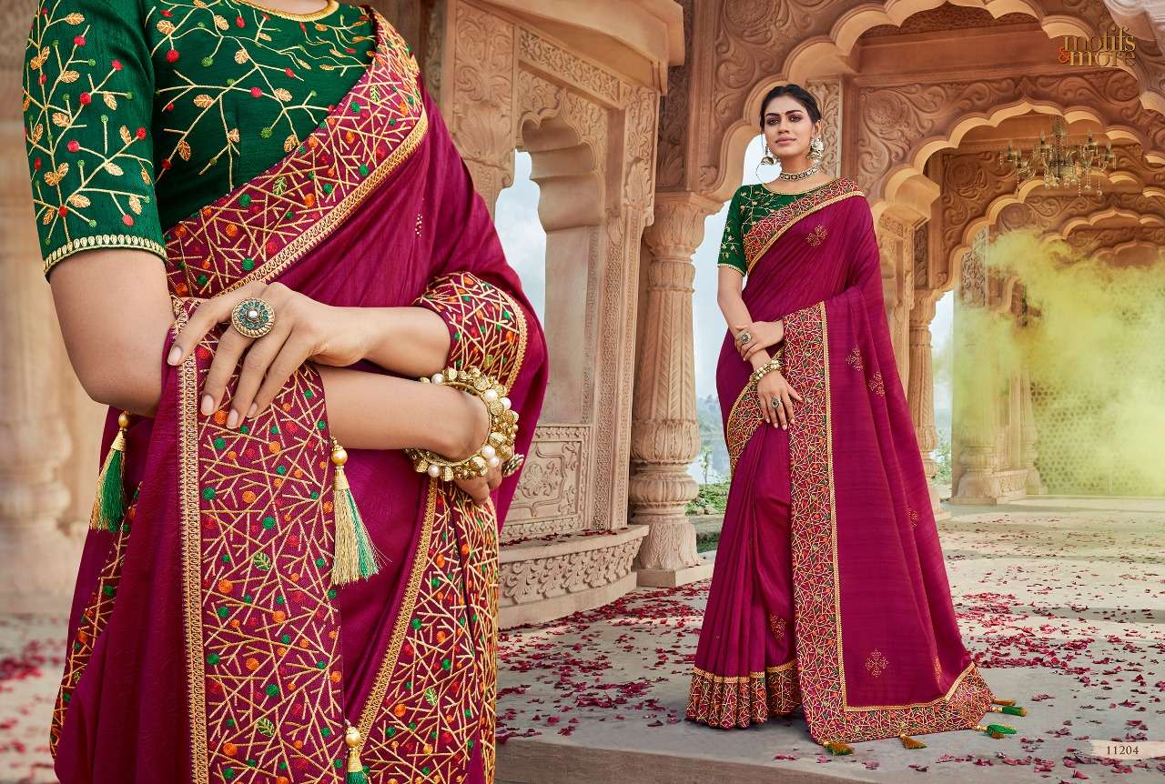 M AND M VOL-11 BY MOTIFS AND MORE 11201 TO 11216 SERIES INDIAN TRADITIONAL WEAR COLLECTION BEAUTIFUL STYLISH FANCY COLORFUL PARTY WEAR & OCCASIONAL WEAR FANCY EMBROIDERED SAREES AT WHOLESALE PRICE