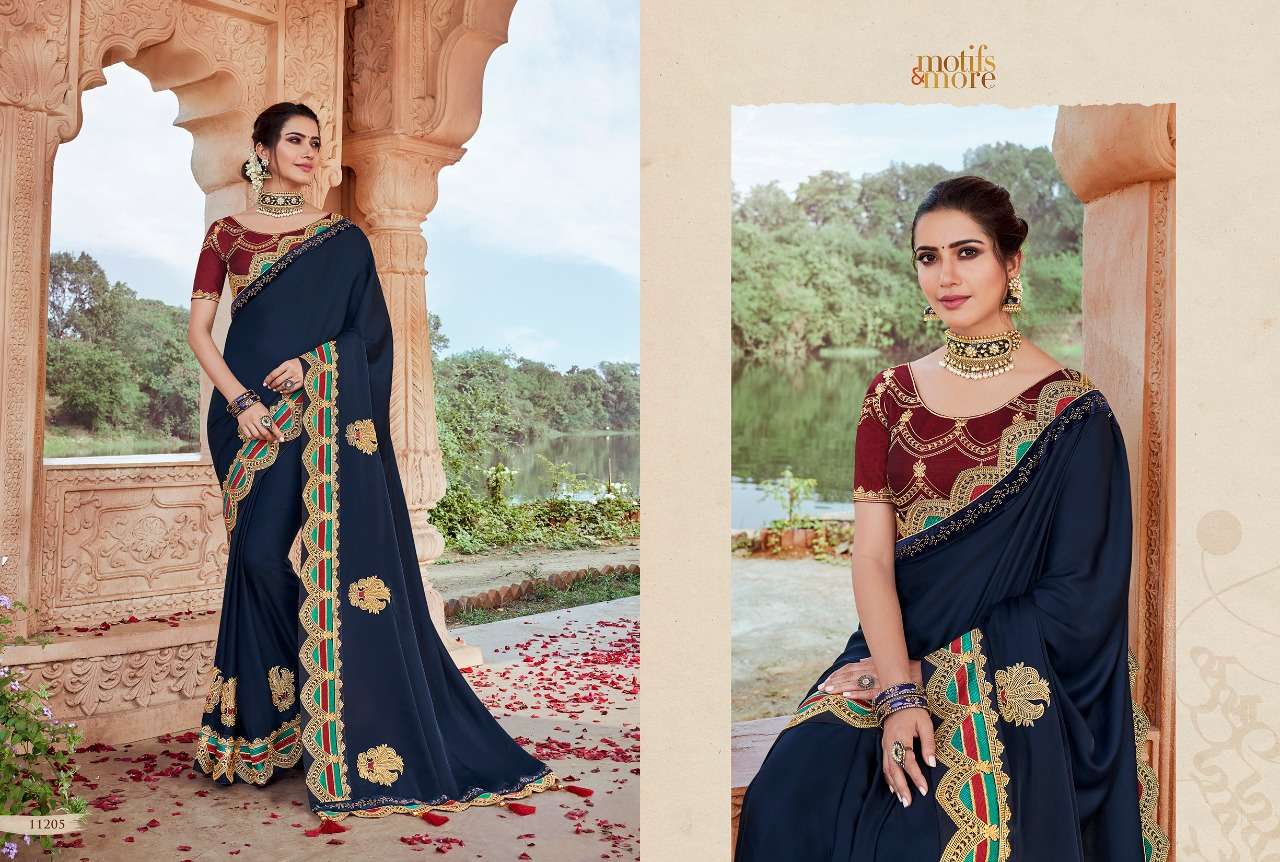 M AND M VOL-11 BY MOTIFS AND MORE 11201 TO 11216 SERIES INDIAN TRADITIONAL WEAR COLLECTION BEAUTIFUL STYLISH FANCY COLORFUL PARTY WEAR & OCCASIONAL WEAR FANCY EMBROIDERED SAREES AT WHOLESALE PRICE