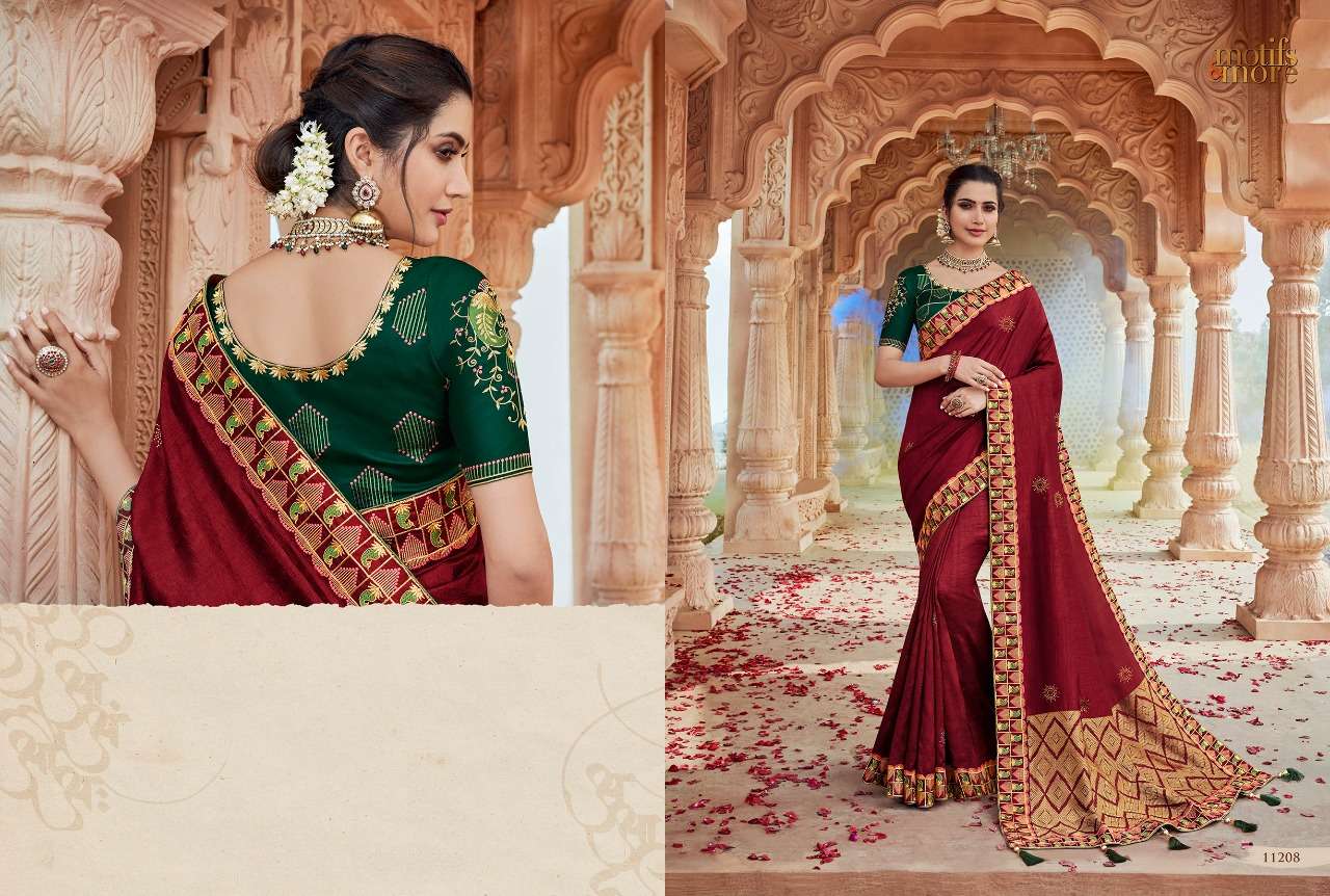 M AND M VOL-11 BY MOTIFS AND MORE 11201 TO 11216 SERIES INDIAN TRADITIONAL WEAR COLLECTION BEAUTIFUL STYLISH FANCY COLORFUL PARTY WEAR & OCCASIONAL WEAR FANCY EMBROIDERED SAREES AT WHOLESALE PRICE