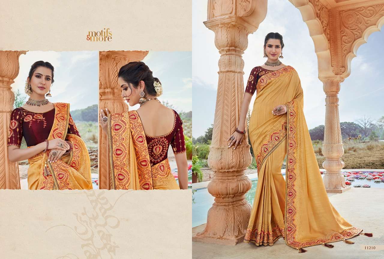 M AND M VOL-11 BY MOTIFS AND MORE 11201 TO 11216 SERIES INDIAN TRADITIONAL WEAR COLLECTION BEAUTIFUL STYLISH FANCY COLORFUL PARTY WEAR & OCCASIONAL WEAR FANCY EMBROIDERED SAREES AT WHOLESALE PRICE