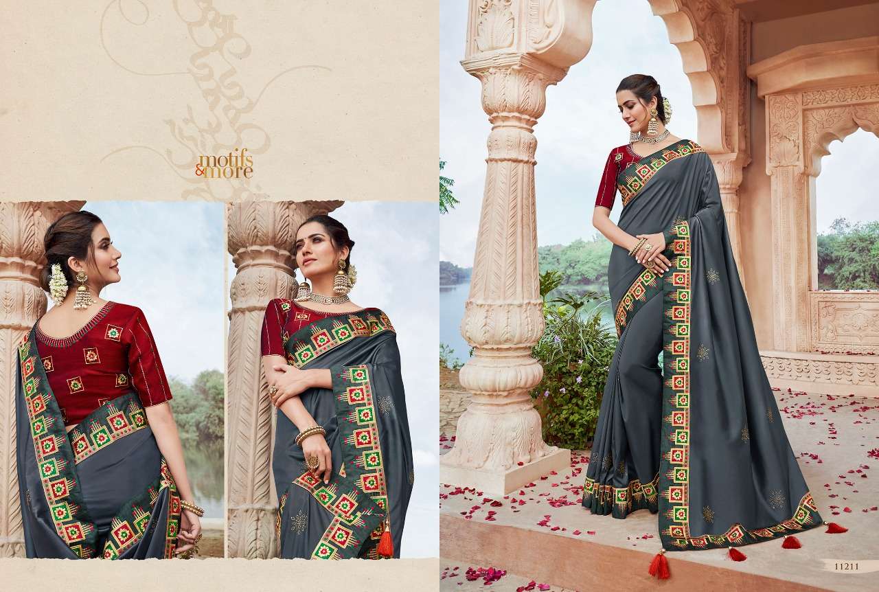 M AND M VOL-11 BY MOTIFS AND MORE 11201 TO 11216 SERIES INDIAN TRADITIONAL WEAR COLLECTION BEAUTIFUL STYLISH FANCY COLORFUL PARTY WEAR & OCCASIONAL WEAR FANCY EMBROIDERED SAREES AT WHOLESALE PRICE