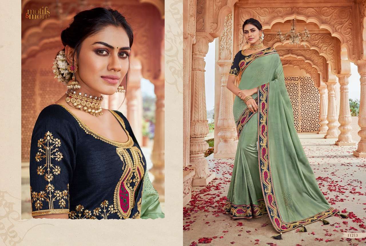 M AND M VOL-11 BY MOTIFS AND MORE 11201 TO 11216 SERIES INDIAN TRADITIONAL WEAR COLLECTION BEAUTIFUL STYLISH FANCY COLORFUL PARTY WEAR & OCCASIONAL WEAR FANCY EMBROIDERED SAREES AT WHOLESALE PRICE