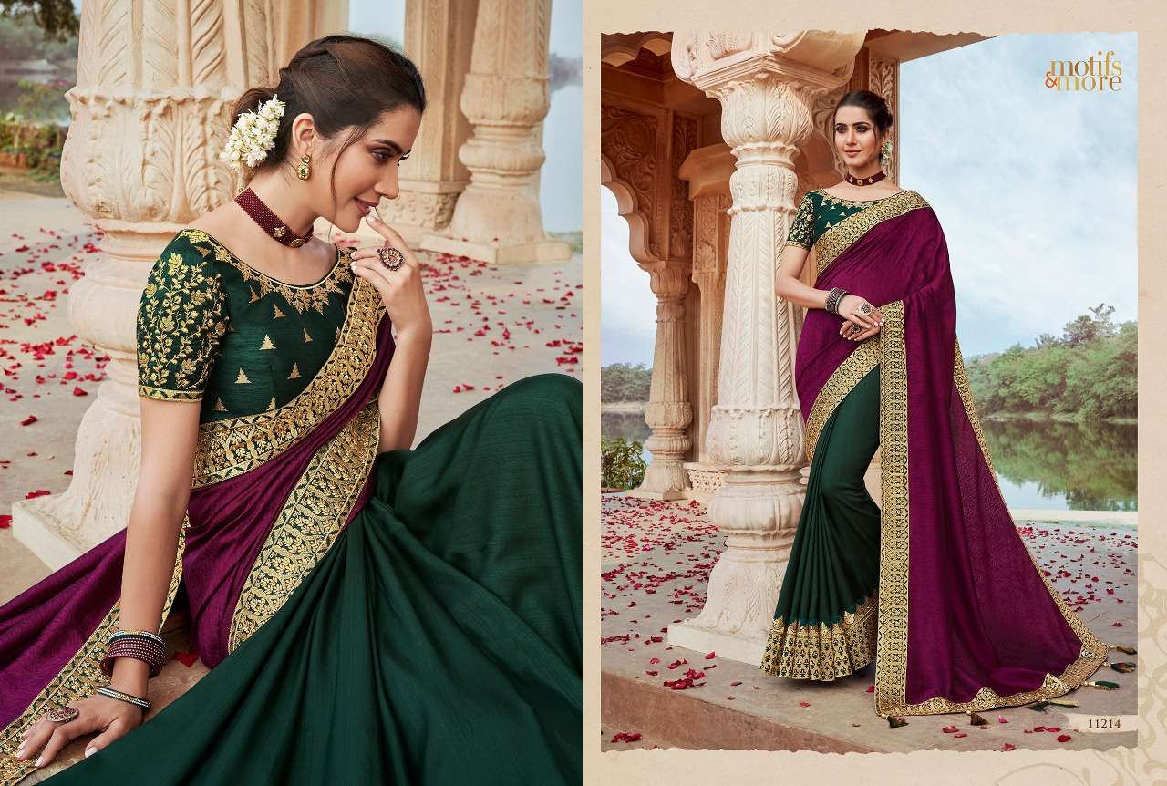 M AND M VOL-11 BY MOTIFS AND MORE 11201 TO 11216 SERIES INDIAN TRADITIONAL WEAR COLLECTION BEAUTIFUL STYLISH FANCY COLORFUL PARTY WEAR & OCCASIONAL WEAR FANCY EMBROIDERED SAREES AT WHOLESALE PRICE