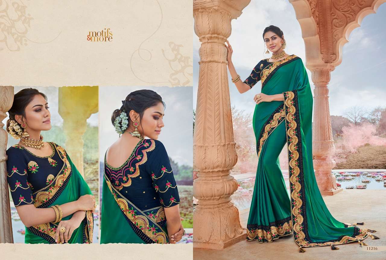 M AND M VOL-11 BY MOTIFS AND MORE 11201 TO 11216 SERIES INDIAN TRADITIONAL WEAR COLLECTION BEAUTIFUL STYLISH FANCY COLORFUL PARTY WEAR & OCCASIONAL WEAR FANCY EMBROIDERED SAREES AT WHOLESALE PRICE