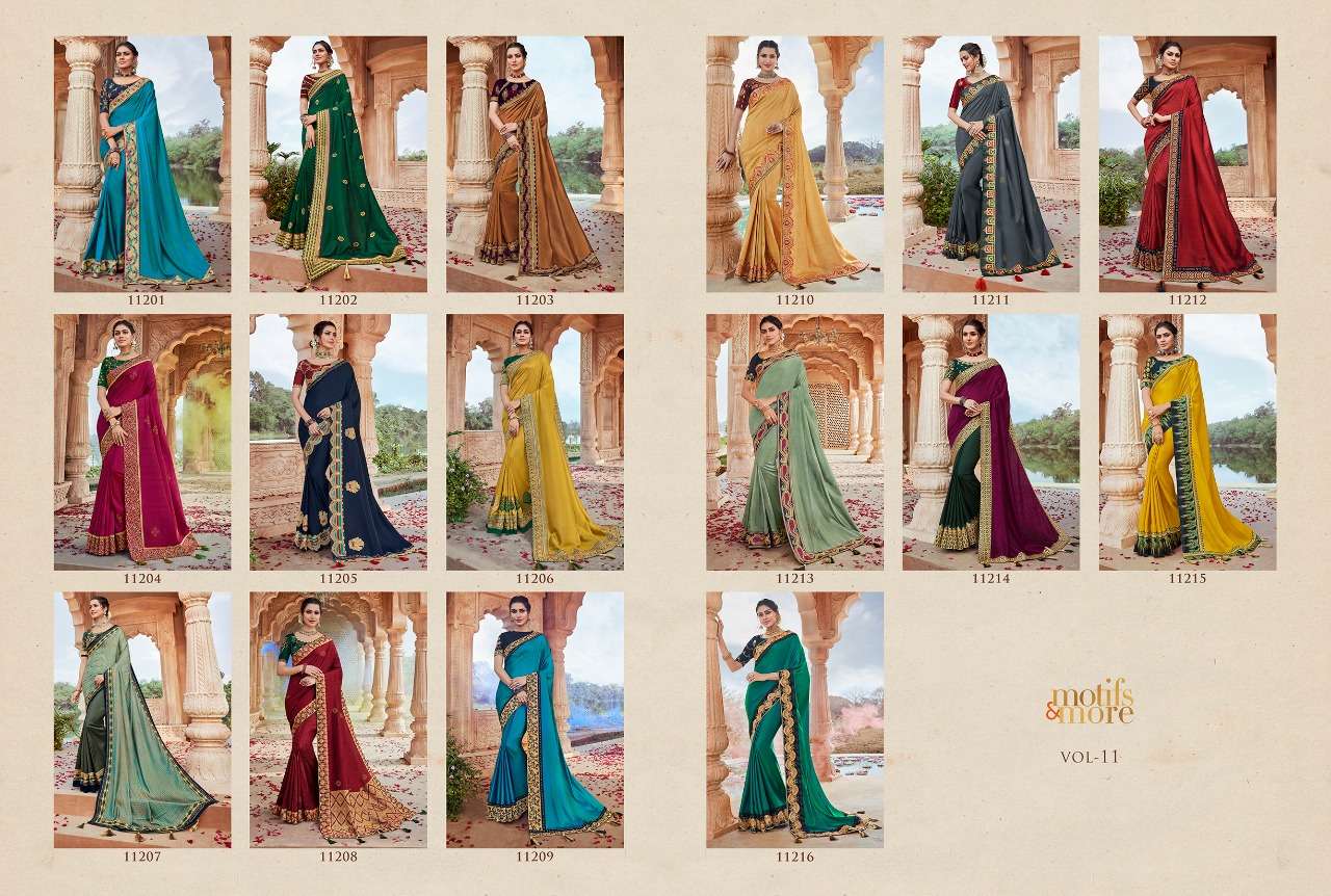M AND M VOL-11 BY MOTIFS AND MORE 11201 TO 11216 SERIES INDIAN TRADITIONAL WEAR COLLECTION BEAUTIFUL STYLISH FANCY COLORFUL PARTY WEAR & OCCASIONAL WEAR FANCY EMBROIDERED SAREES AT WHOLESALE PRICE