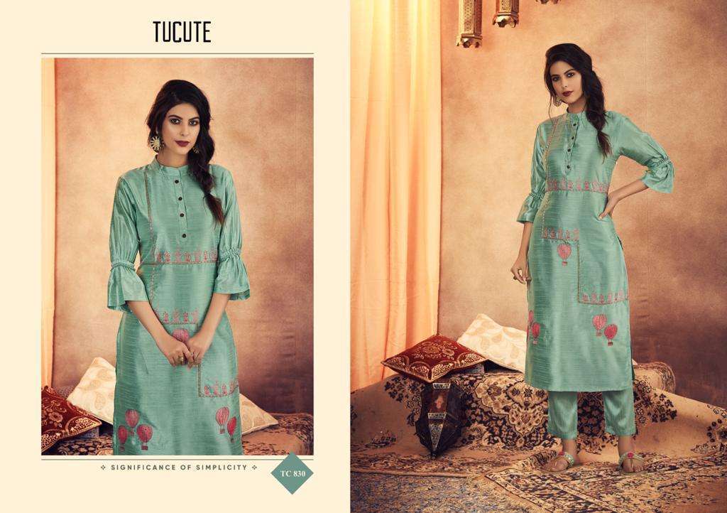 TU CUTE 828 SERIES BY KARMA TRENDZ 828 TO 835 SERIES BEAUTIFUL STYLISH FANCY COLORFUL CASUAL WEAR & ETHNIC WEAR & READY TO WEAR MUGA SILK WITH EMBROIDERY KURTIS AT WHOLESALE PRICE