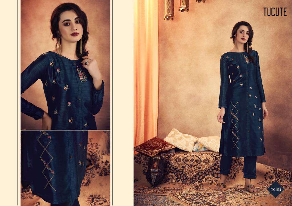 TU CUTE 828 SERIES BY KARMA TRENDZ 828 TO 835 SERIES BEAUTIFUL STYLISH FANCY COLORFUL CASUAL WEAR & ETHNIC WEAR & READY TO WEAR MUGA SILK WITH EMBROIDERY KURTIS AT WHOLESALE PRICE