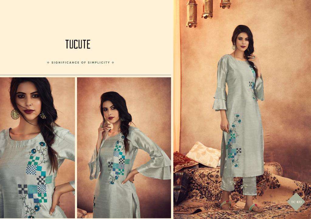TU CUTE 828 SERIES BY KARMA TRENDZ 828 TO 835 SERIES BEAUTIFUL STYLISH FANCY COLORFUL CASUAL WEAR & ETHNIC WEAR & READY TO WEAR MUGA SILK WITH EMBROIDERY KURTIS AT WHOLESALE PRICE