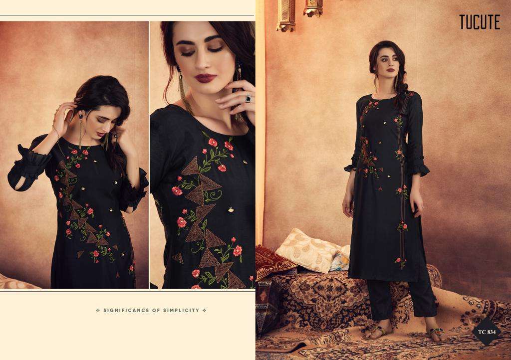 TU CUTE 828 SERIES BY KARMA TRENDZ 828 TO 835 SERIES BEAUTIFUL STYLISH FANCY COLORFUL CASUAL WEAR & ETHNIC WEAR & READY TO WEAR MUGA SILK WITH EMBROIDERY KURTIS AT WHOLESALE PRICE