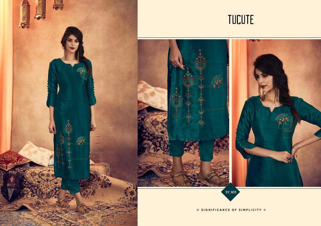 TU CUTE 828 SERIES BY KARMA TRENDZ 828 TO 835 SERIES BEAUTIFUL STYLISH FANCY COLORFUL CASUAL WEAR & ETHNIC WEAR & READY TO WEAR MUGA SILK WITH EMBROIDERY KURTIS AT WHOLESALE PRICE