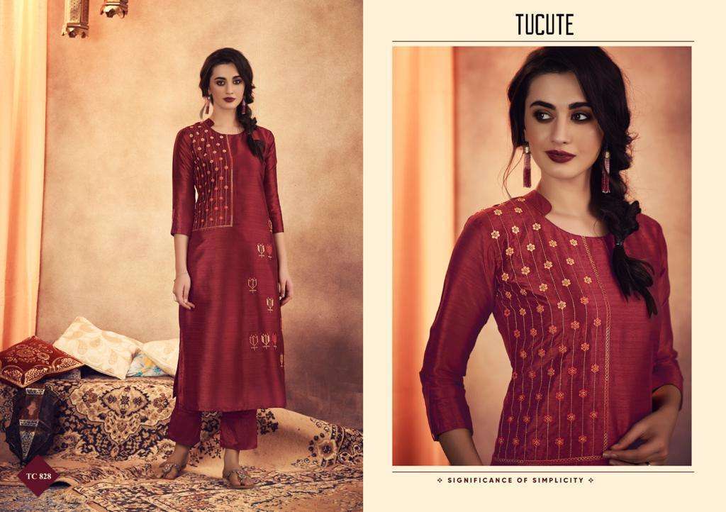 TU CUTE 828 SERIES BY KARMA TRENDZ 828 TO 835 SERIES BEAUTIFUL STYLISH FANCY COLORFUL CASUAL WEAR & ETHNIC WEAR & READY TO WEAR MUGA SILK WITH EMBROIDERY KURTIS AT WHOLESALE PRICE