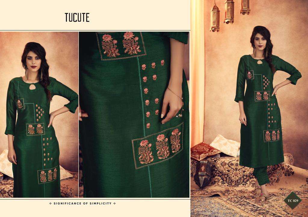 TU CUTE 828 SERIES BY KARMA TRENDZ 828 TO 835 SERIES BEAUTIFUL STYLISH FANCY COLORFUL CASUAL WEAR & ETHNIC WEAR & READY TO WEAR MUGA SILK WITH EMBROIDERY KURTIS AT WHOLESALE PRICE