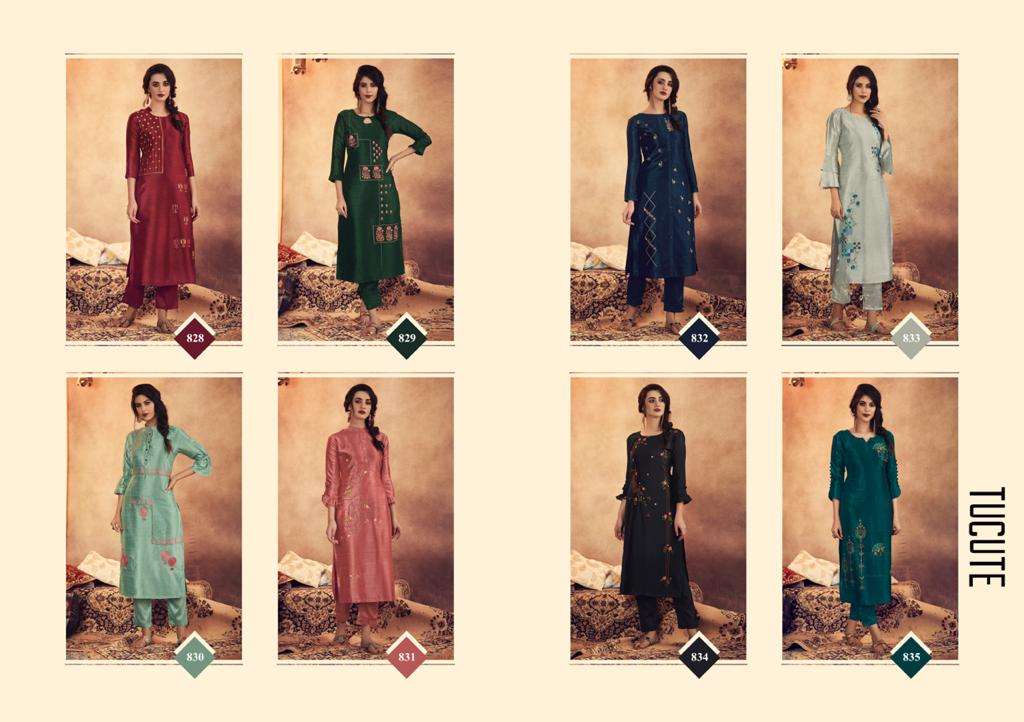 TU CUTE 828 SERIES BY KARMA TRENDZ 828 TO 835 SERIES BEAUTIFUL STYLISH FANCY COLORFUL CASUAL WEAR & ETHNIC WEAR & READY TO WEAR MUGA SILK WITH EMBROIDERY KURTIS AT WHOLESALE PRICE