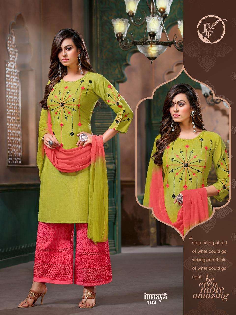 INNAYA BY JLF 101 TO 110 SERIES BEAUTIFUL SUITS STYLISH FANCY COLORFUL PARTY WEAR & OCCASIONAL WEAR MILENG WORK DRESSES AT WHOLESALE PRICE