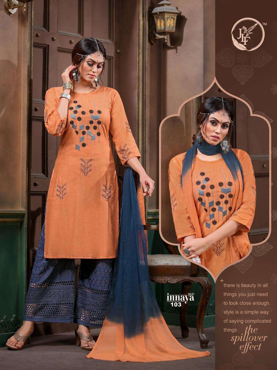 INNAYA BY JLF 101 TO 110 SERIES BEAUTIFUL SUITS STYLISH FANCY COLORFUL PARTY WEAR & OCCASIONAL WEAR MILENG WORK DRESSES AT WHOLESALE PRICE