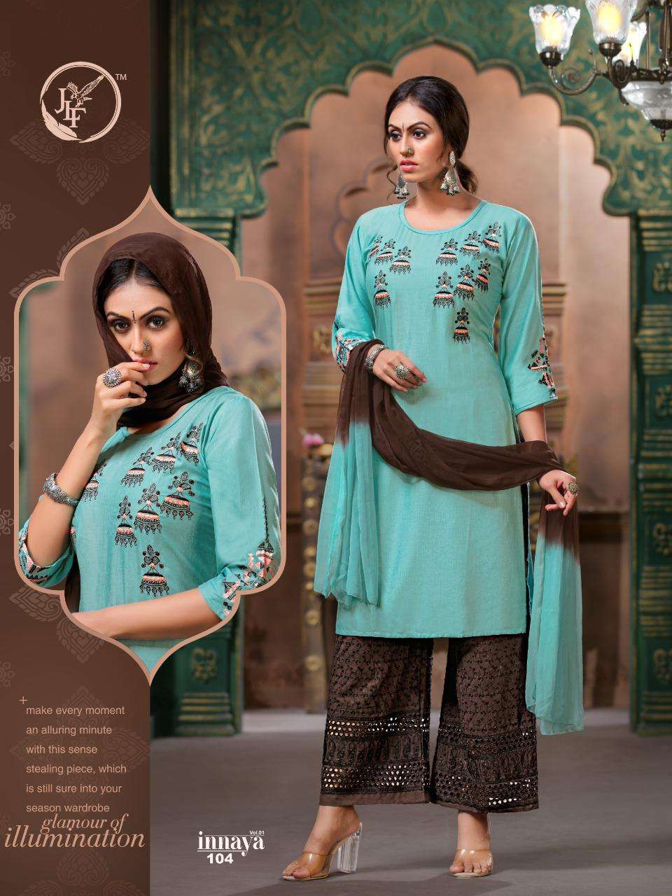 INNAYA BY JLF 101 TO 110 SERIES BEAUTIFUL SUITS STYLISH FANCY COLORFUL PARTY WEAR & OCCASIONAL WEAR MILENG WORK DRESSES AT WHOLESALE PRICE
