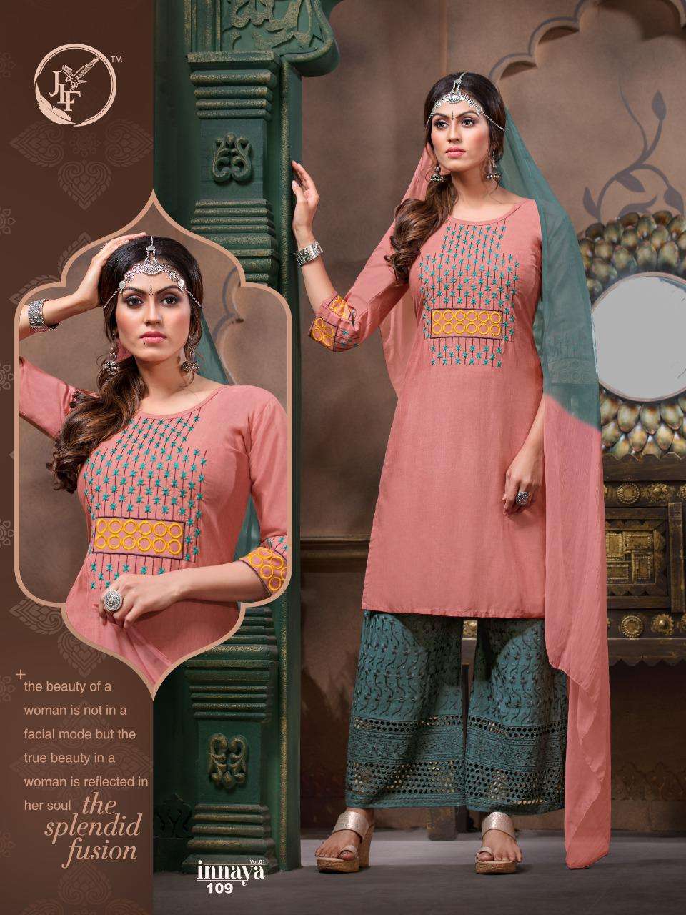 INNAYA BY JLF 101 TO 110 SERIES BEAUTIFUL SUITS STYLISH FANCY COLORFUL PARTY WEAR & OCCASIONAL WEAR MILENG WORK DRESSES AT WHOLESALE PRICE