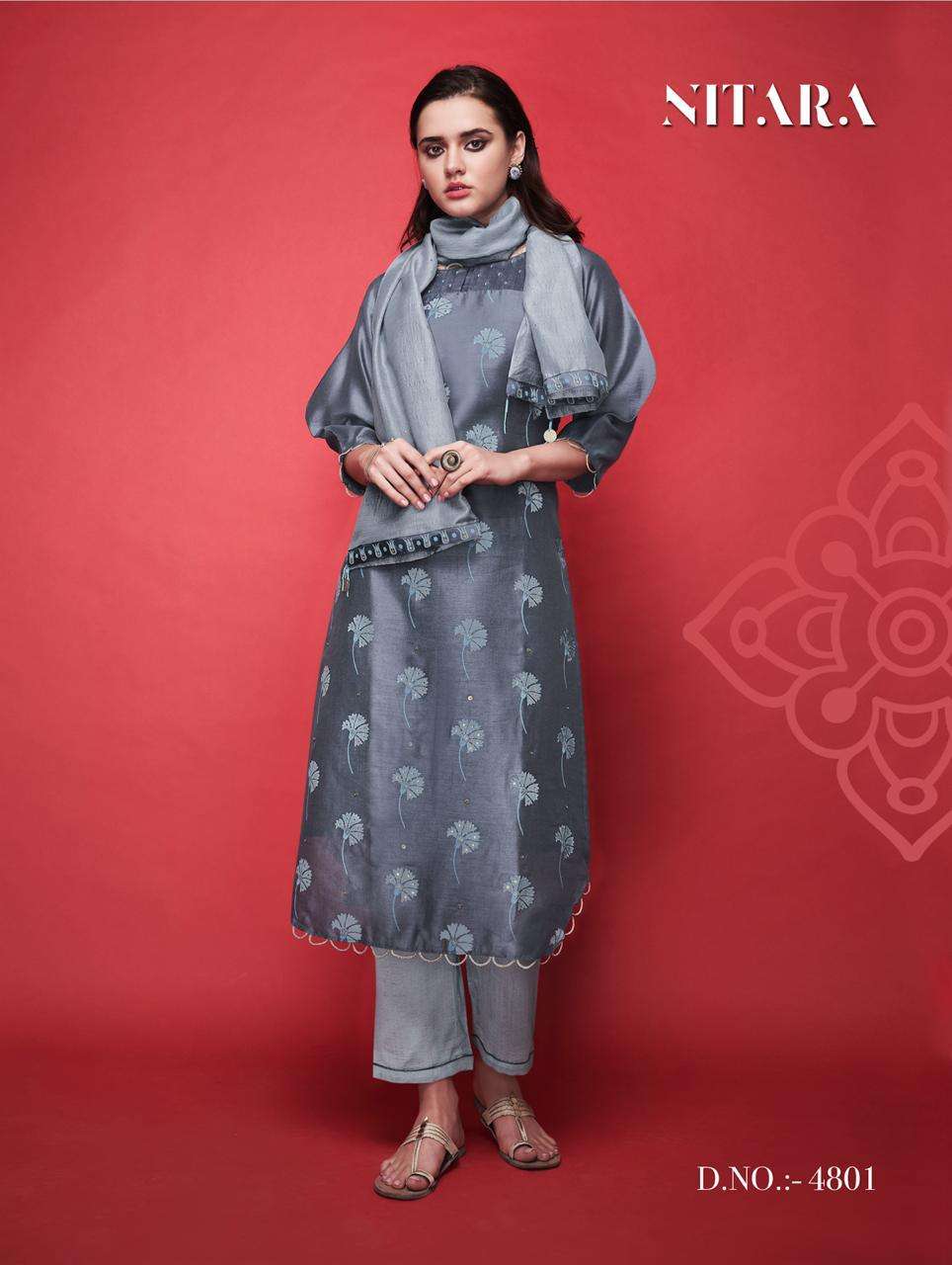 SCARLET 4801 SERIES BY NITARA 4801 TO 4805 SERIES BEAUTIFUL SUITS STYLISH FANCY COLORFUL PARTY WEAR & OCCASIONAL WEAR SILK WITH PURE COTTON MAL INNER DRESSES AT WHOLESALE PRICE
