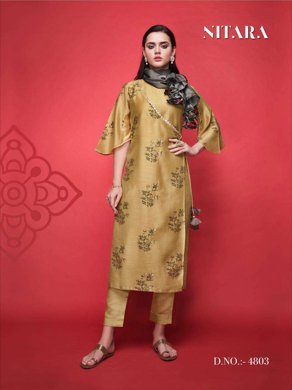 SCARLET 4801 SERIES BY NITARA 4801 TO 4805 SERIES BEAUTIFUL SUITS STYLISH FANCY COLORFUL PARTY WEAR & OCCASIONAL WEAR SILK WITH PURE COTTON MAL INNER DRESSES AT WHOLESALE PRICE