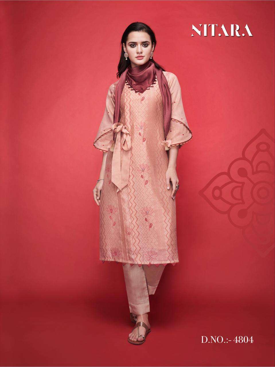 SCARLET 4801 SERIES BY NITARA 4801 TO 4805 SERIES BEAUTIFUL SUITS STYLISH FANCY COLORFUL PARTY WEAR & OCCASIONAL WEAR SILK WITH PURE COTTON MAL INNER DRESSES AT WHOLESALE PRICE