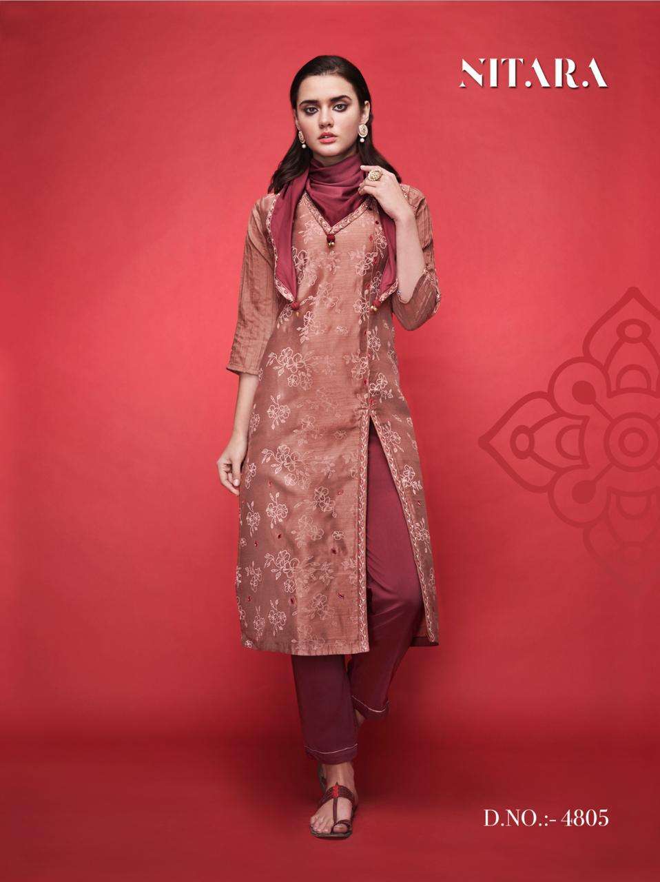 SCARLET 4801 SERIES BY NITARA 4801 TO 4805 SERIES BEAUTIFUL SUITS STYLISH FANCY COLORFUL PARTY WEAR & OCCASIONAL WEAR SILK WITH PURE COTTON MAL INNER DRESSES AT WHOLESALE PRICE