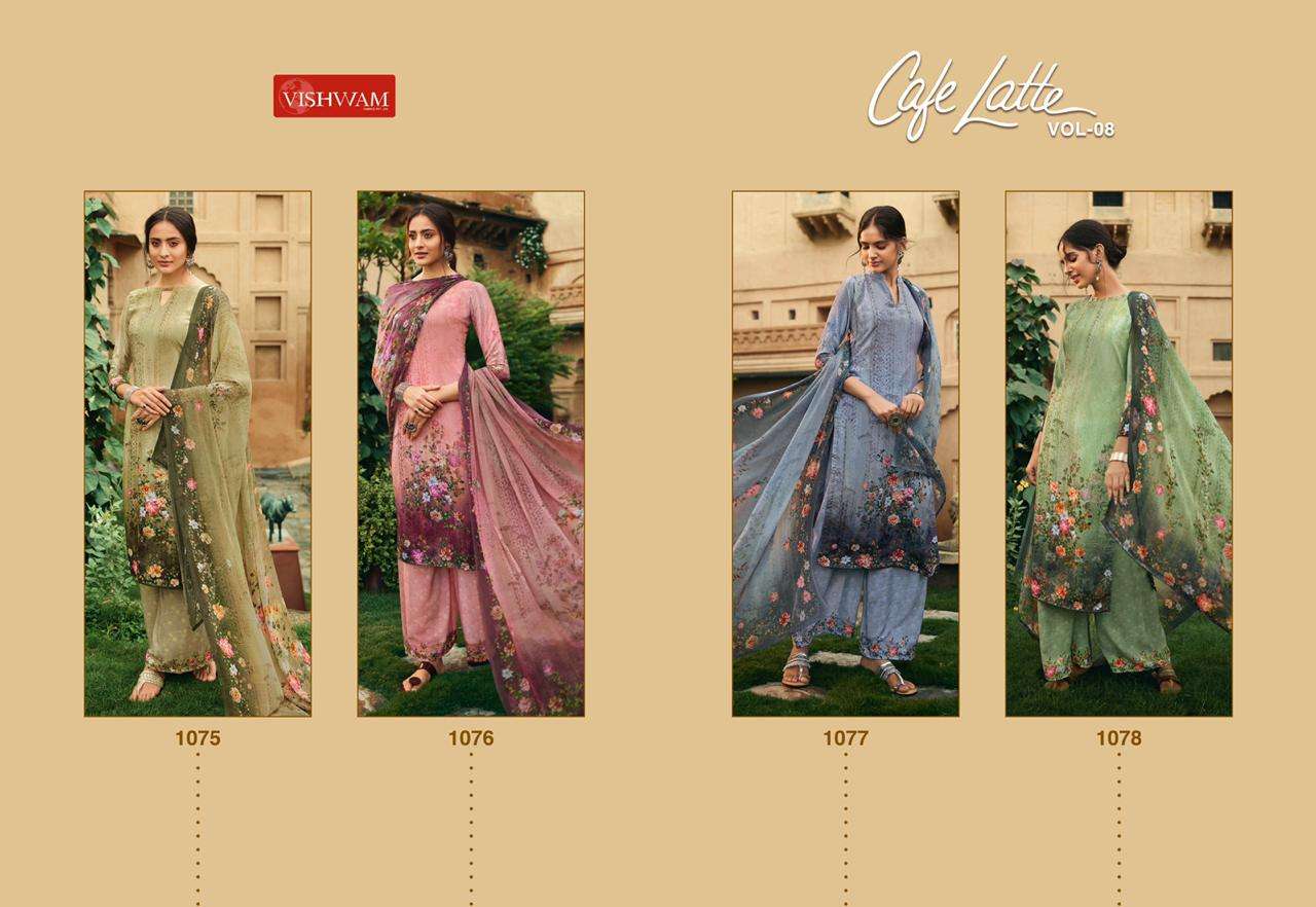CAFE LATTE VOL-8 BY VISHWAM FABRICS 1075 TO 1078 SERIES BEAUTIFUL SUITS STYLISH FANCY COLORFUL PARTY WEAR & OCCASIONAL WEAR CRAPE DIGITAL PRINTED DRESSES AT WHOLESALE PRICE