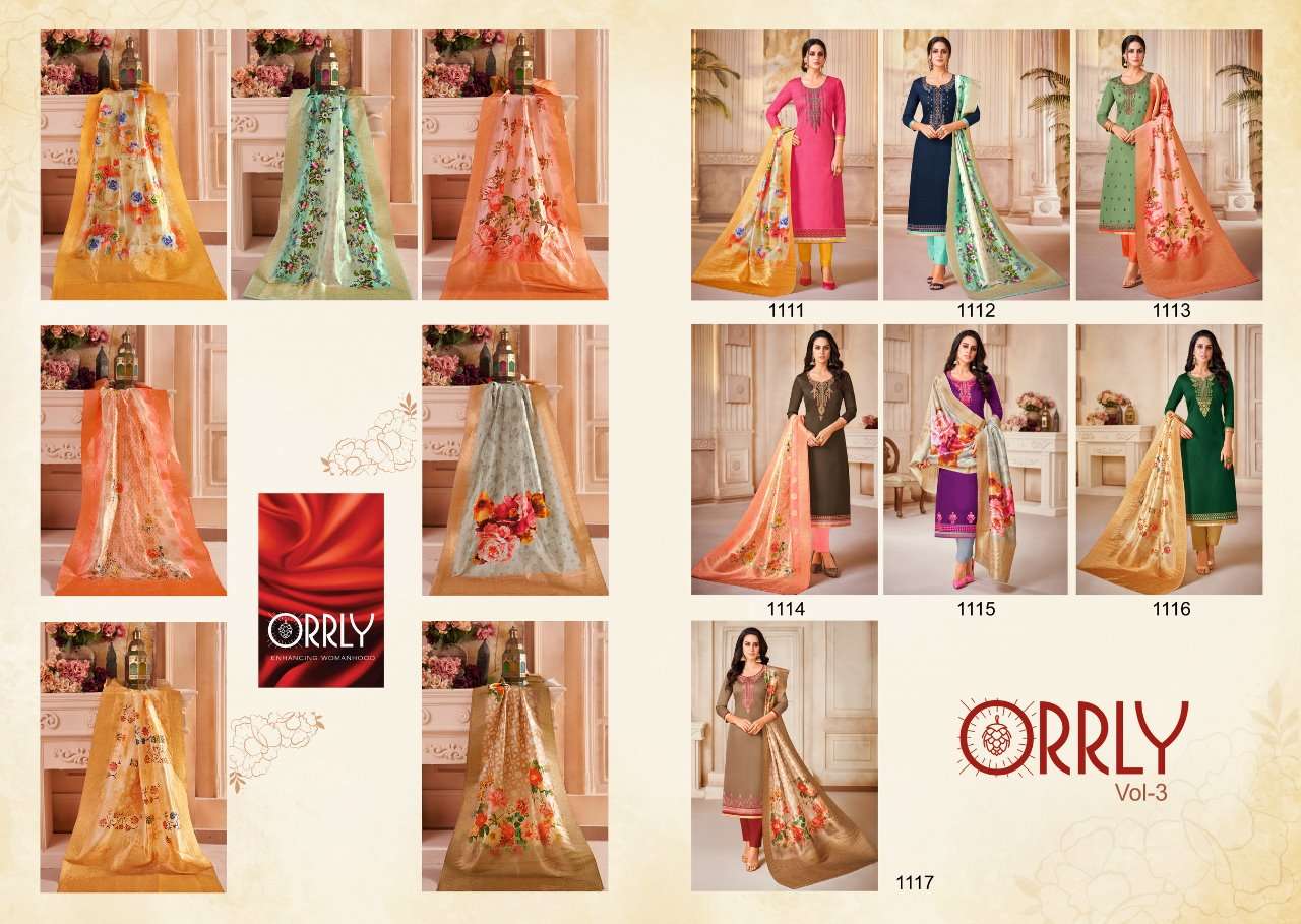 ORRLY VOL-3 BY ORRLY 1111 TO 1117 SERIES BEAUTIFUL STYLISH FANCY COLORFUL DESIGNER PARTY WEAR & ETHNIC WEAR JAM SATIN COTTON WITH EMBROIDERY DRESSES AT WHOLESALE PRICE