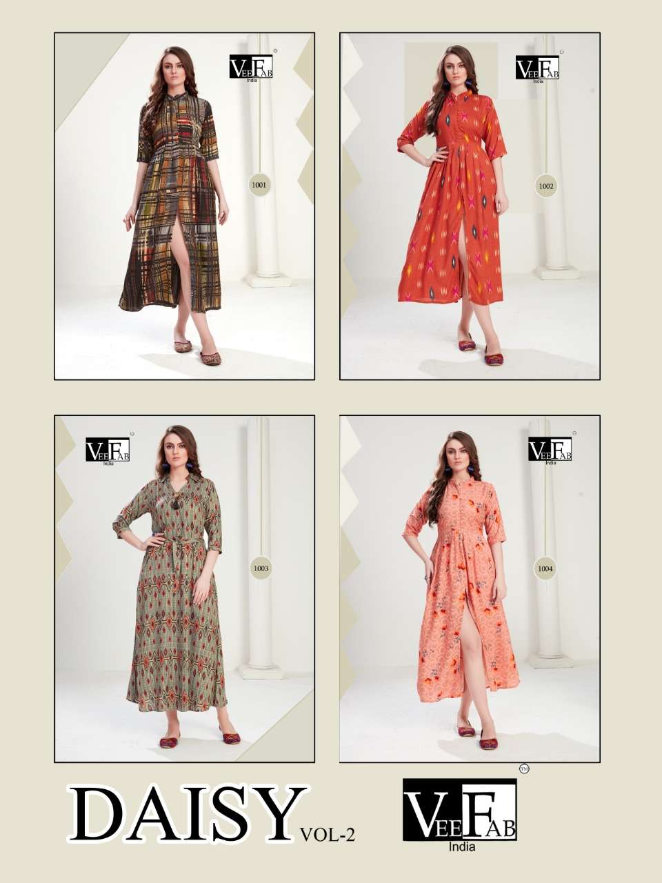 DAISY VOL-2 BY VEE FAB 1001 TO 1004 SERIES BEAUTIFUL COLORFUL STYLISH FANCY CASUAL WEAR & ETHNIC WEAR & READY TO WEAR RAON 14 KG KURTIS AT WHOLESALE PRICE