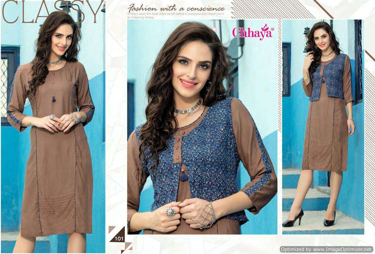 BREZZA BY CHHAYA 101 TO 112 SERIES BEAUTIFUL COLORFUL STYLISH FANCY CASUAL WEAR & ETHNIC WEAR & READY TO WEAR RAYON PRINTED WITH KOTI KURTIS AT WHOLESALE PRICE