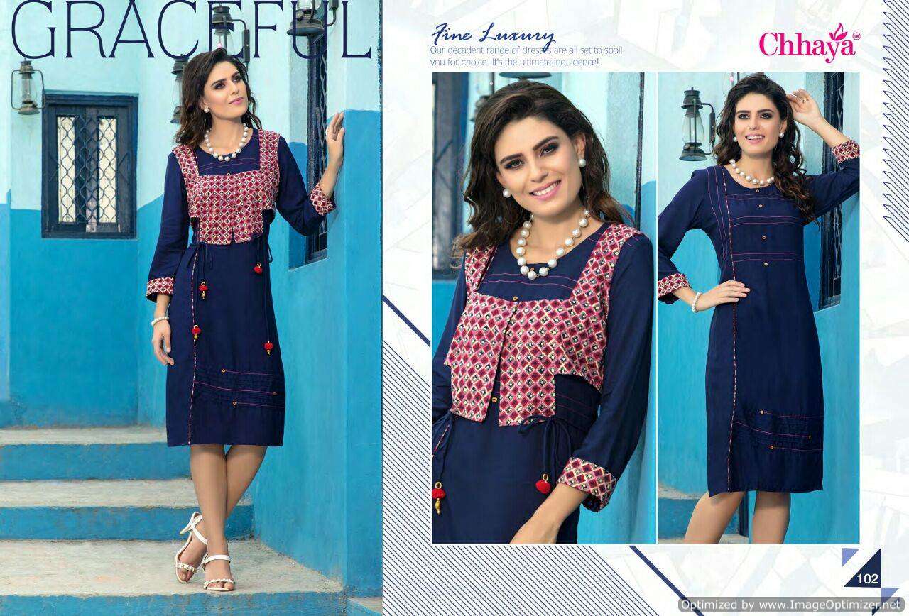 BREZZA BY CHHAYA 101 TO 112 SERIES BEAUTIFUL COLORFUL STYLISH FANCY CASUAL WEAR & ETHNIC WEAR & READY TO WEAR RAYON PRINTED WITH KOTI KURTIS AT WHOLESALE PRICE