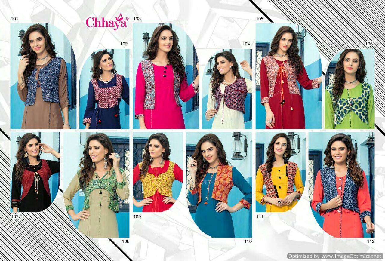 BREZZA BY CHHAYA 101 TO 112 SERIES BEAUTIFUL COLORFUL STYLISH FANCY CASUAL WEAR & ETHNIC WEAR & READY TO WEAR RAYON PRINTED WITH KOTI KURTIS AT WHOLESALE PRICE