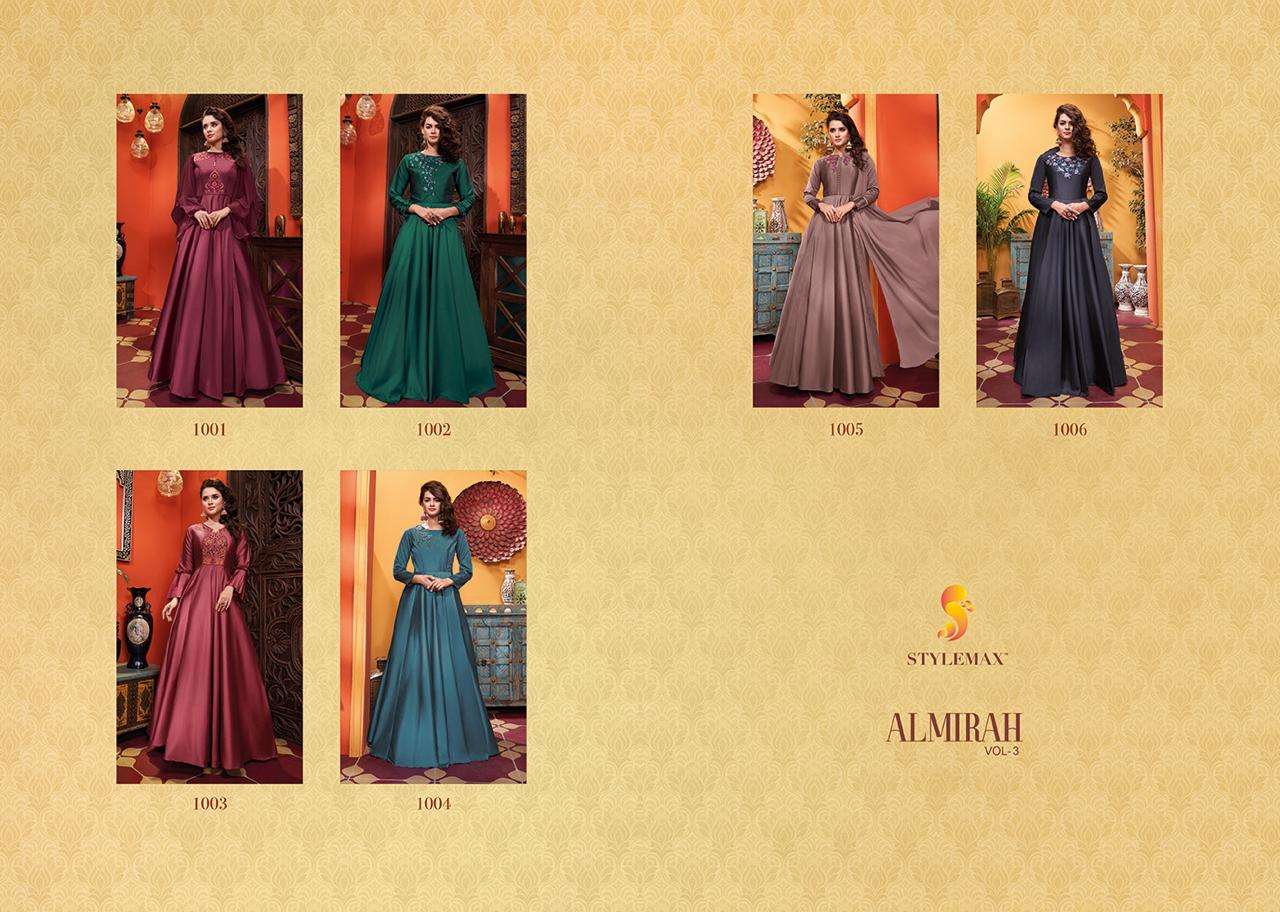 ALMIRAH VOL-3 BY STYLEMAX 1001 TO 1006 SERIES BEAUTIFUL COLORFUL STYLISH FANCY CASUAL WEAR & ETHNIC WEAR & READY TO WEAR HEAVY SOFT SILK WITH EMBROIDERY GOWN AT WHOLESALE PRICE