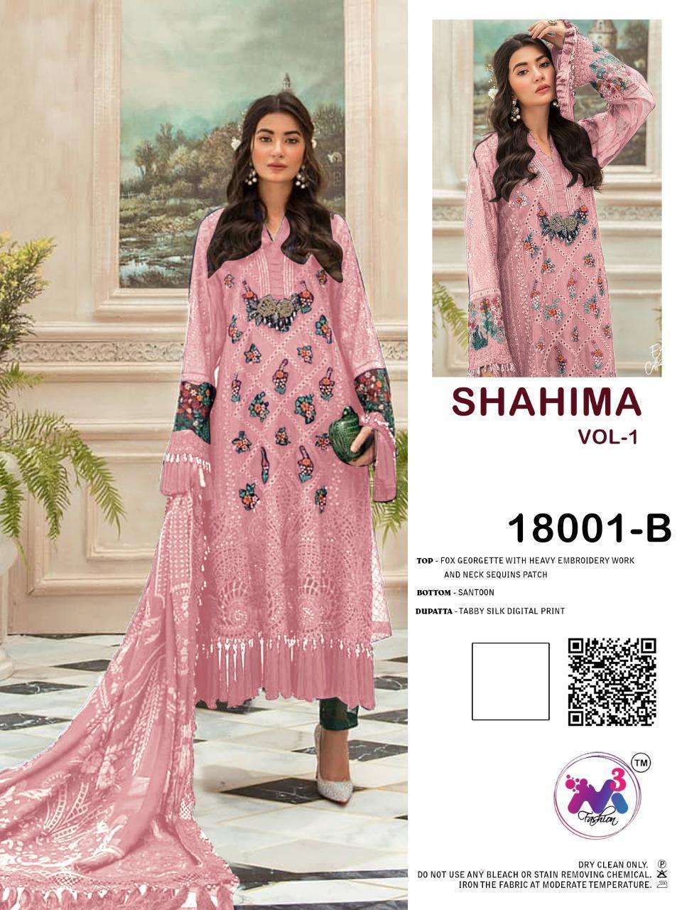 SHAHIMA VOL-1 BY M3 FASHION 18001-A TO 18001-E SERIES BEAUTIFUL COLORFUL STYLISH FANCY CASUAL WEAR & ETHNIC WEAR & READY TO WEAR FAUX GEORGETTE WITH EMBROIDERY DRESSES AT WHOLESALE PRICE