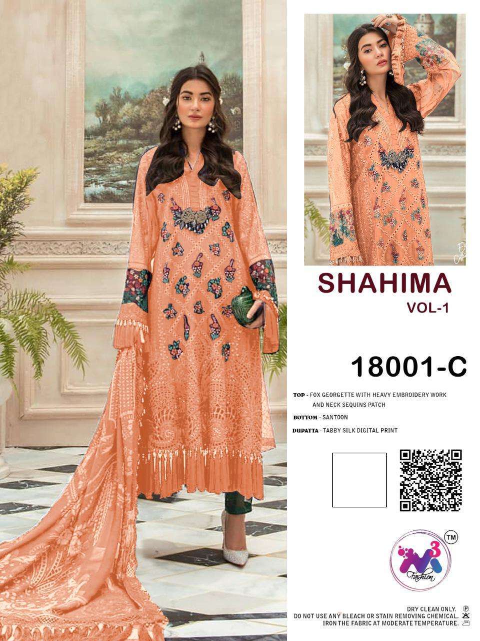 SHAHIMA VOL-1 BY M3 FASHION 18001-A TO 18001-E SERIES BEAUTIFUL COLORFUL STYLISH FANCY CASUAL WEAR & ETHNIC WEAR & READY TO WEAR FAUX GEORGETTE WITH EMBROIDERY DRESSES AT WHOLESALE PRICE