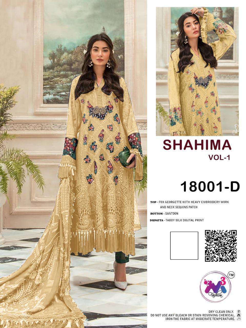SHAHIMA VOL-1 BY M3 FASHION 18001-A TO 18001-E SERIES BEAUTIFUL COLORFUL STYLISH FANCY CASUAL WEAR & ETHNIC WEAR & READY TO WEAR FAUX GEORGETTE WITH EMBROIDERY DRESSES AT WHOLESALE PRICE