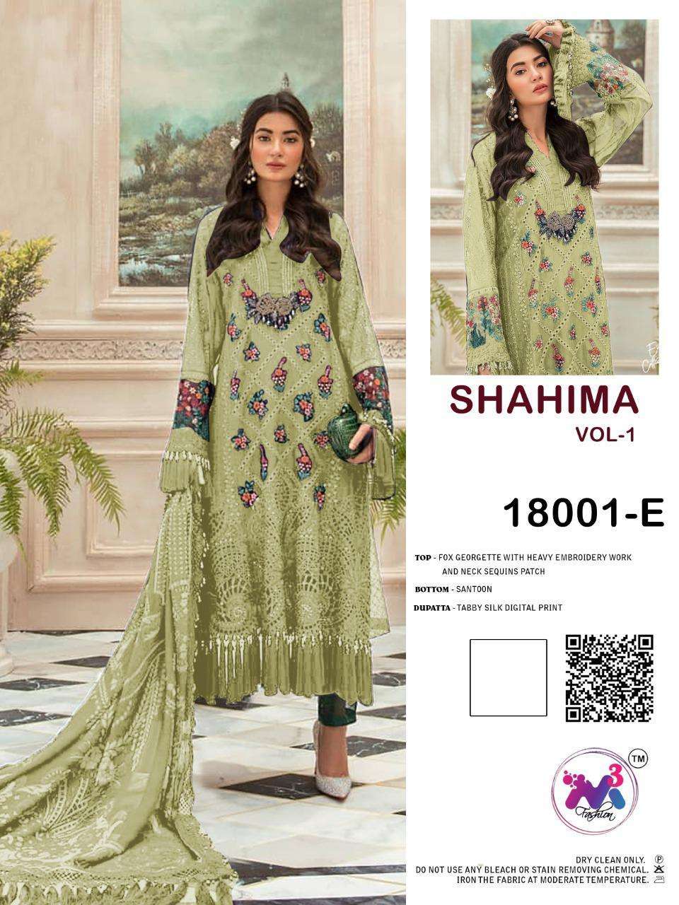SHAHIMA VOL-1 BY M3 FASHION 18001-A TO 18001-E SERIES BEAUTIFUL COLORFUL STYLISH FANCY CASUAL WEAR & ETHNIC WEAR & READY TO WEAR FAUX GEORGETTE WITH EMBROIDERY DRESSES AT WHOLESALE PRICE
