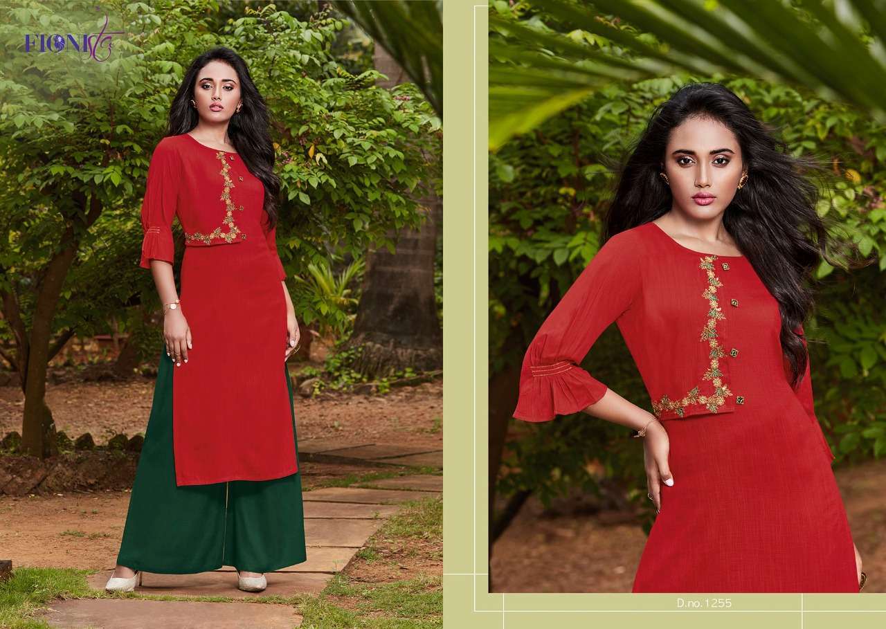 SPARKLE BY FIONISTA 1251 TO 1257 SERIES STYLISH FANCY BEAUTIFUL COLORFUL CASUAL WEAR & ETHNIC WEAR HEAVY RAYON WITH HANDWORK KURTIS AT WHOLESALE PRICE